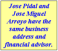 Text Box: Jose Pidal and Jose Miguel Arroyo have the same business address and financial advisor.