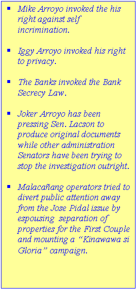 Text Box: 	Mike Arroyo invoked the his right against self incrimination.

	Iggy Arroyo invoked his right to privacy.

	The Banks invoked the Bank Secrecy Law.

	Joker Arroyo has been pressing Sen. Lacson to produce original documents while other administration Senators have been trying to stop the investigation outright.

	Malacaang operators tried to divert public attention away from the Jose Pidal issue by espousing  separation of properties for the First Couple and mounting a Kinawawa si Gloria campaign.
